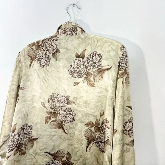 Vintage tan brown floral satin long sleeve top blouse - Picture 7 of 12